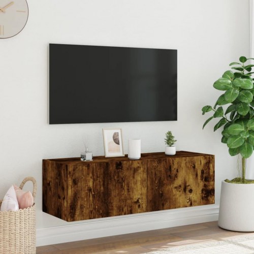 Væghængt tv-bord med LED-lys 100 x 35 x 31 cm - røget egetræ