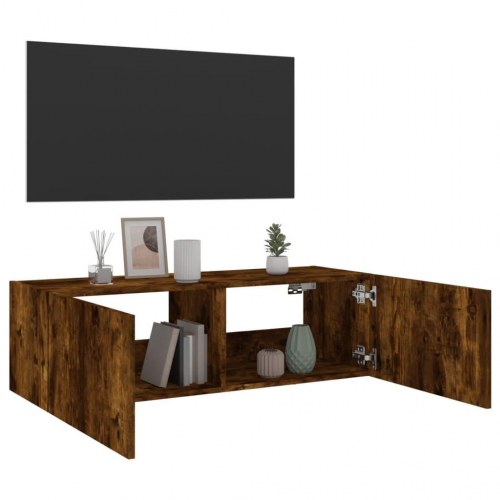 Væghængt tv-bord med LED-lys 100 x 35 x 31 cm - røget egetræ