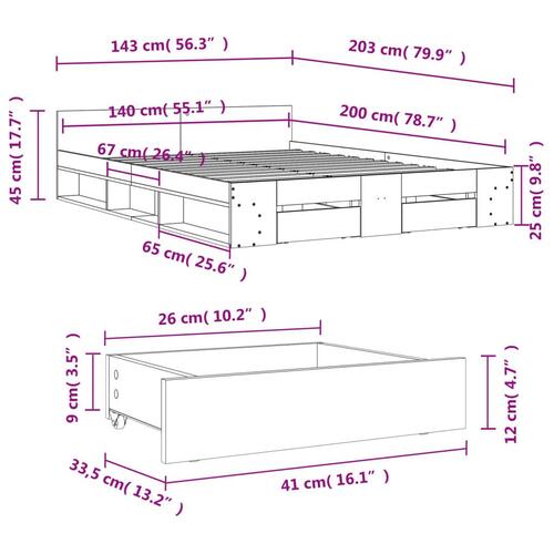 Sengeramme med skuffer 140x200 cm konstrueret træ brunt egetræ