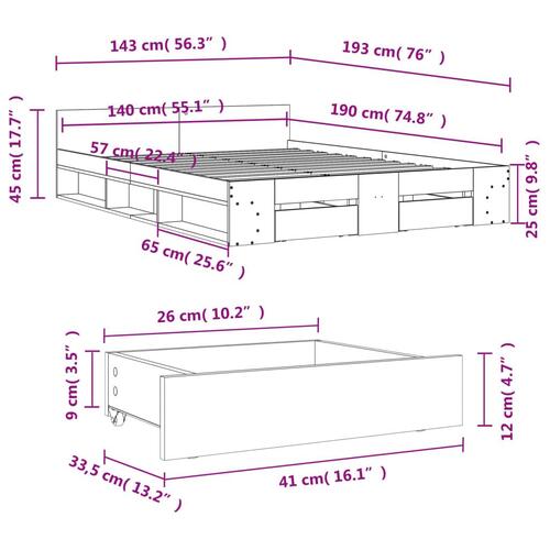 Sengeramme med skuffer 140x190 cm konstrueret træ brunt egetræ