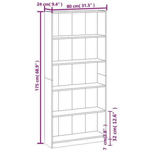 Bogreol m. 5 hylder 80x24x175 cm konstrueret træ røget egetræ