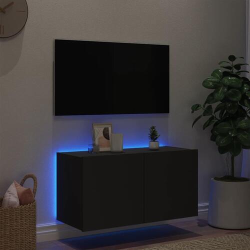 Væghængt tv-bord med LED-lys 80x35x41 cm sort