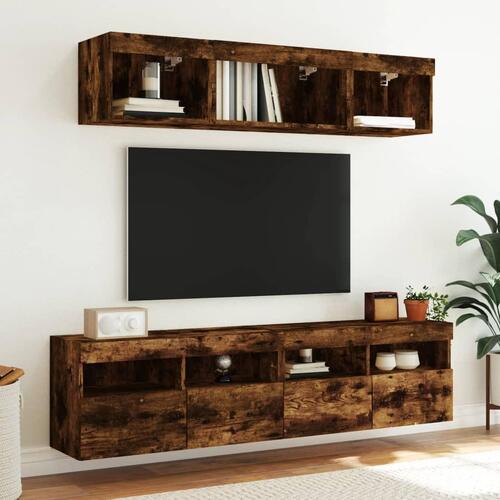 Væghængte tv-borde 2 stk. med LED-lys 80x30x40 cm røget eg