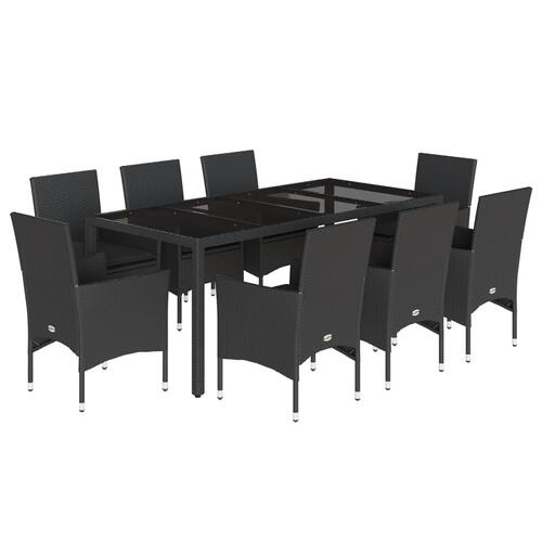 Spisebordssæt til haven 9 dele med hynder polyrattan og glas