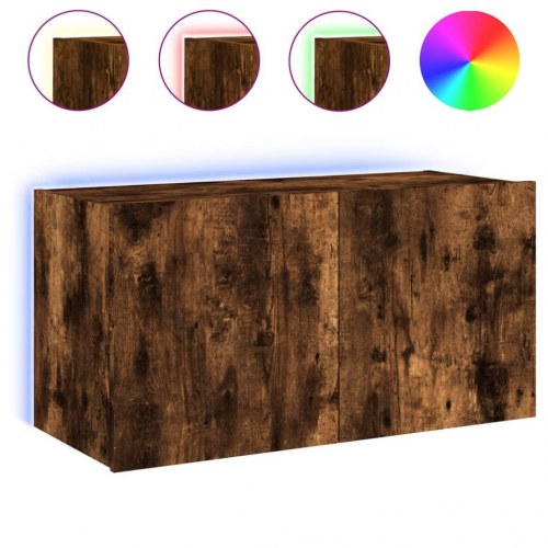 Væghængt tv-bord med LED-lys 80 x 35 x 41 cm - røget egetræ