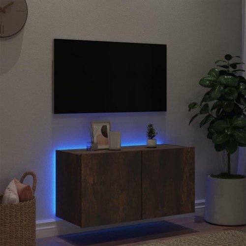 Væghængt tv-bord med LED-lys 80 x 35 x 41 cm - røget egetræ
