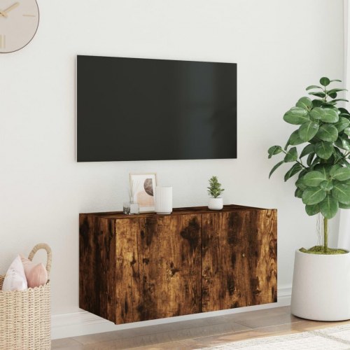 Væghængt tv-bord med LED-lys 80 x 35 x 41 cm - røget egetræ