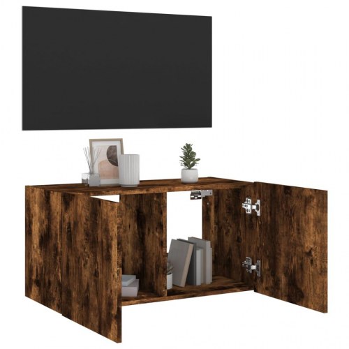 Væghængt tv-bord med LED-lys 80 x 35 x 41 cm - røget egetræ