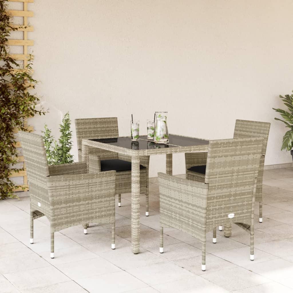 Spisebordssæt til haven 5 dele med hynder polyrattan og glas