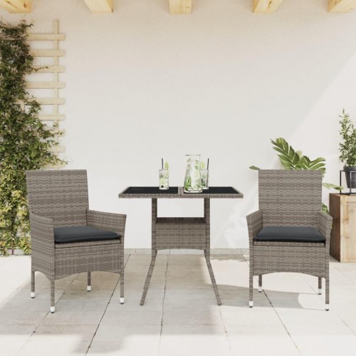 Spisebordssæt til haven 3dele med hynder polyrattan og glas grå