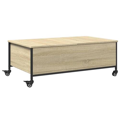 Sofabord med hjul 91x55x34 cm konstrueret træ sonoma-eg