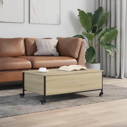 Sofabord med hjul 91x55x34 cm konstrueret træ sonoma-eg