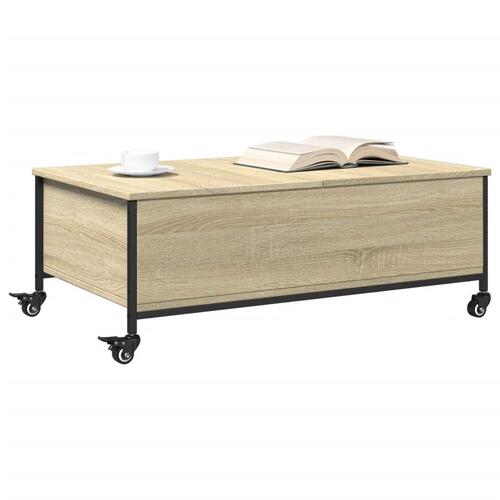 Sofabord med hjul 91x55x34 cm konstrueret træ sonoma-eg