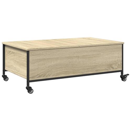 Sofabord med hjul 91x55x34 cm konstrueret træ sonoma-eg