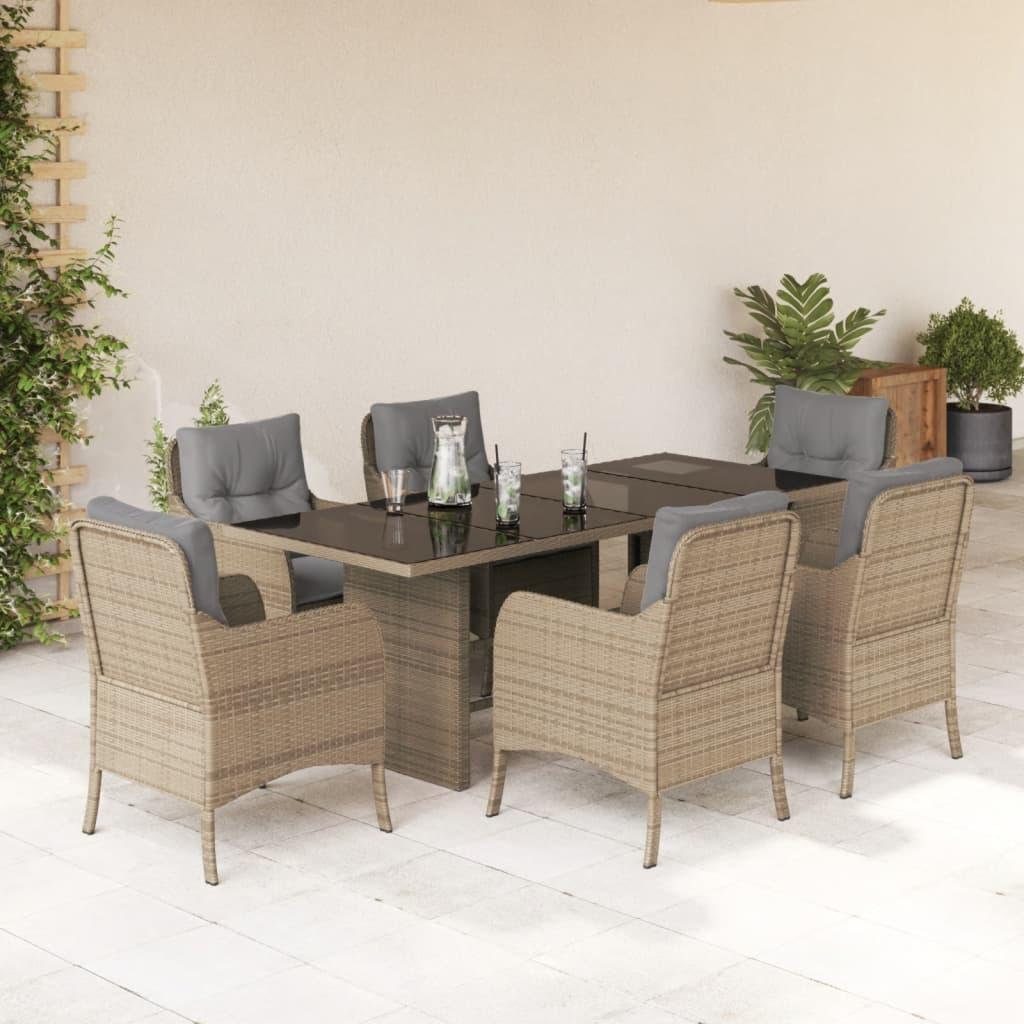 Spisebordssæt til haven 7 dele med hynder polyrattan beige