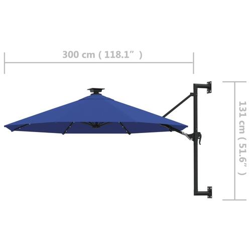 Væghængt parasol m. LED-lys 300 cm blå
