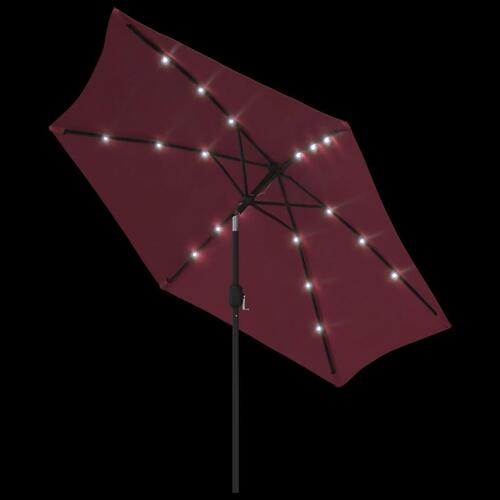 Parasol m. LED-lys og stålstang 300 cm bordeauxrød