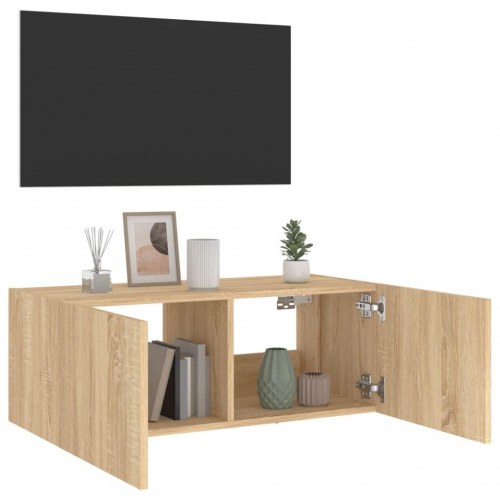 Væghængt tv-bord med LED-lys 80 x 35 x 31 cm - sonoma-eg