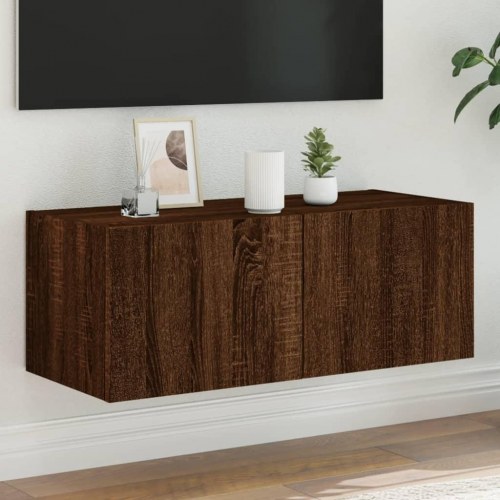 Væghængt tv-bord med LED-lys 80 x 35 x 31 cm - brun egetræ