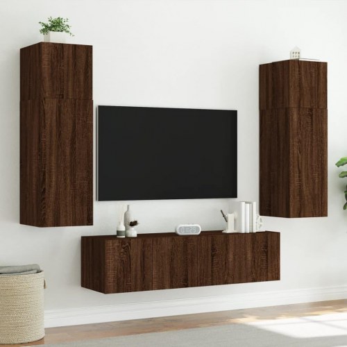 Væghængt tv-bord med LED-lys 80 x 35 x 31 cm - brun egetræ