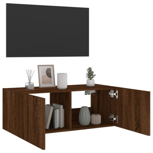 Væghængt tv-bord med LED-lys 80 x 35 x 31 cm - brun egetræ