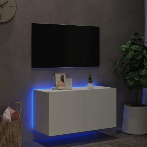 Væghængt tv-bord med LED-lys 80x35x41 cm hvid