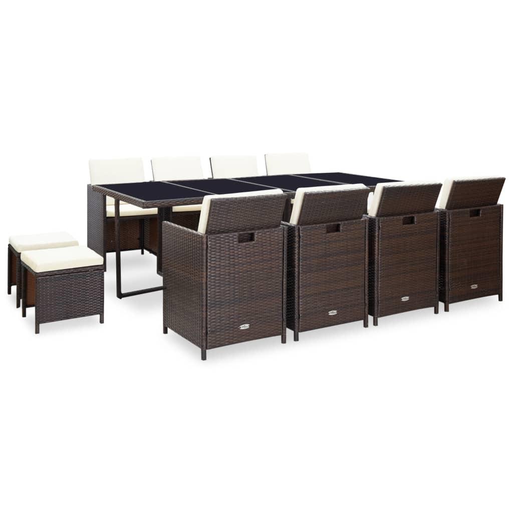 Udendørs spisebordssæt 13 dele med hynder polyrattan brun billede