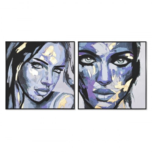 Lærredsmaleri - dame, blå/grå/syren, 103 × 103 cm