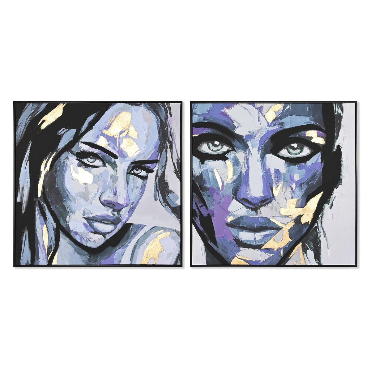 Lærredsmaleri - dame, blå/grå/syren, 103 × 103 cm