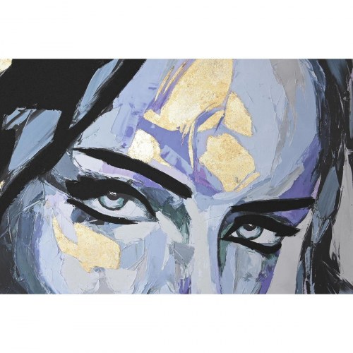 Lærredsmaleri - dame, blå/grå/syren, 103 × 103 cm