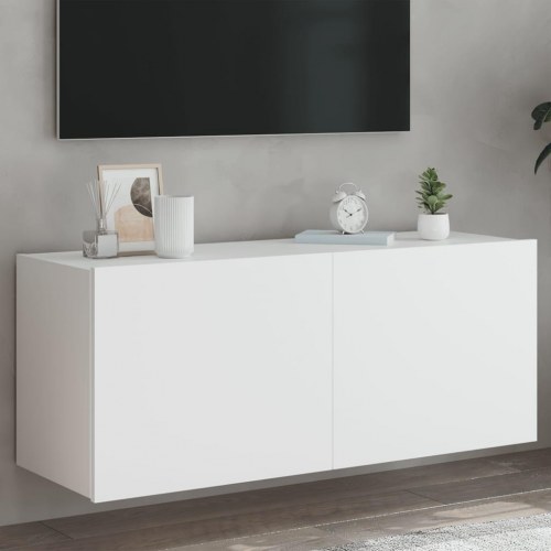 Væghængt tv-bord med LED-lys - hvid, 100 x 35 x 41 cm