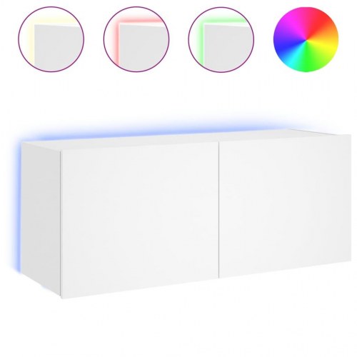 Væghængt tv-bord med LED-lys - hvid, 100 x 35 x 41 cm