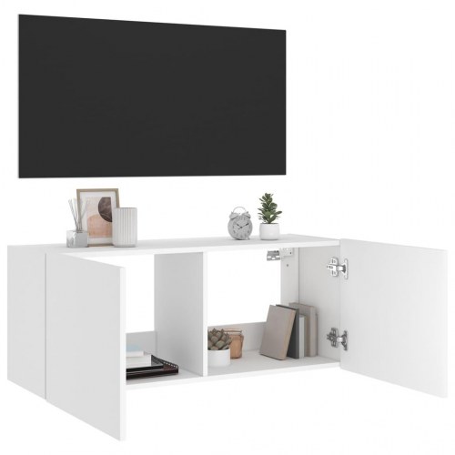 Væghængt tv-bord med LED-lys - hvid, 100 x 35 x 41 cm