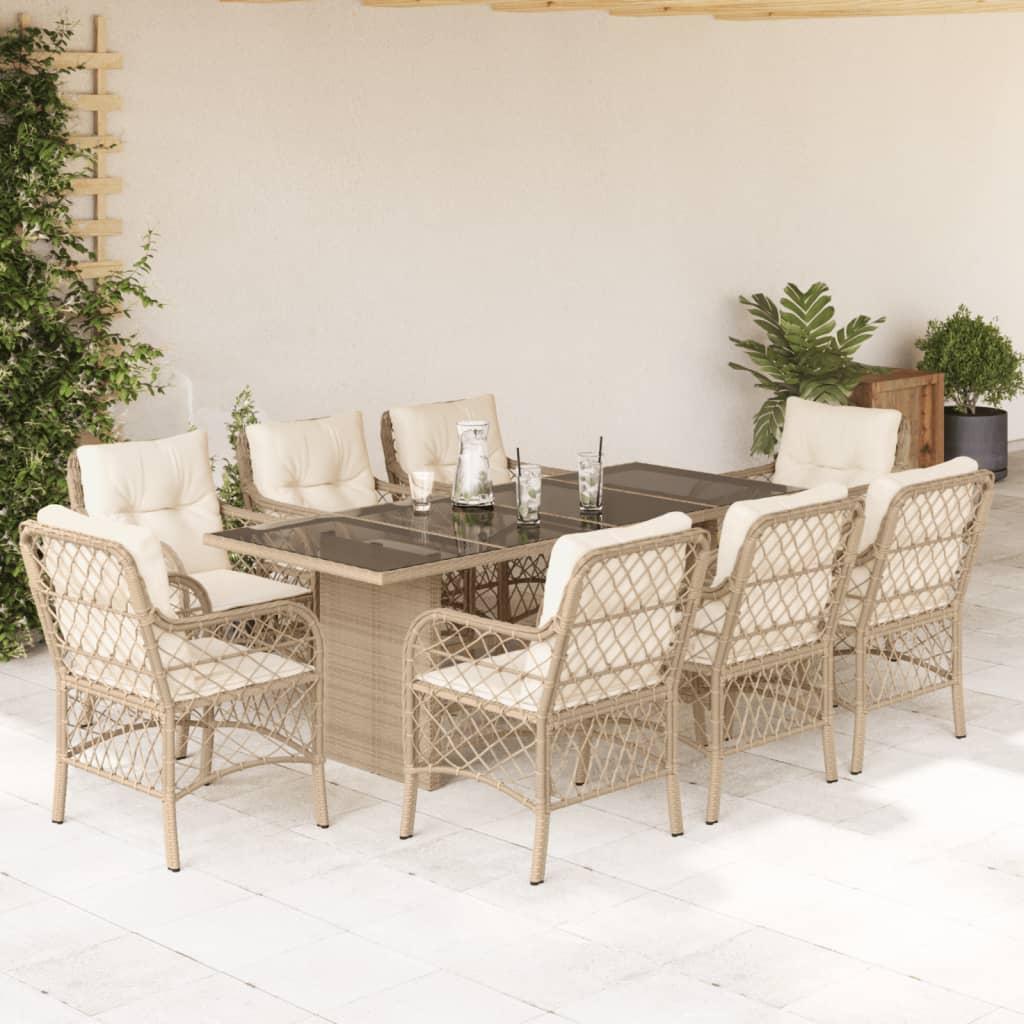 Spisebordssæt til haven 9 dele med hynder polyrattan beige