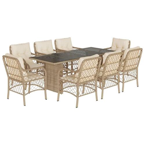 Spisebordssæt til haven 9 dele med hynder polyrattan beige