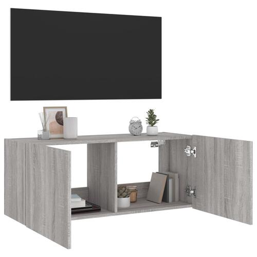 Væghængt tv-bord m. LED-lys 100x35x41 cm grå sonoma-eg