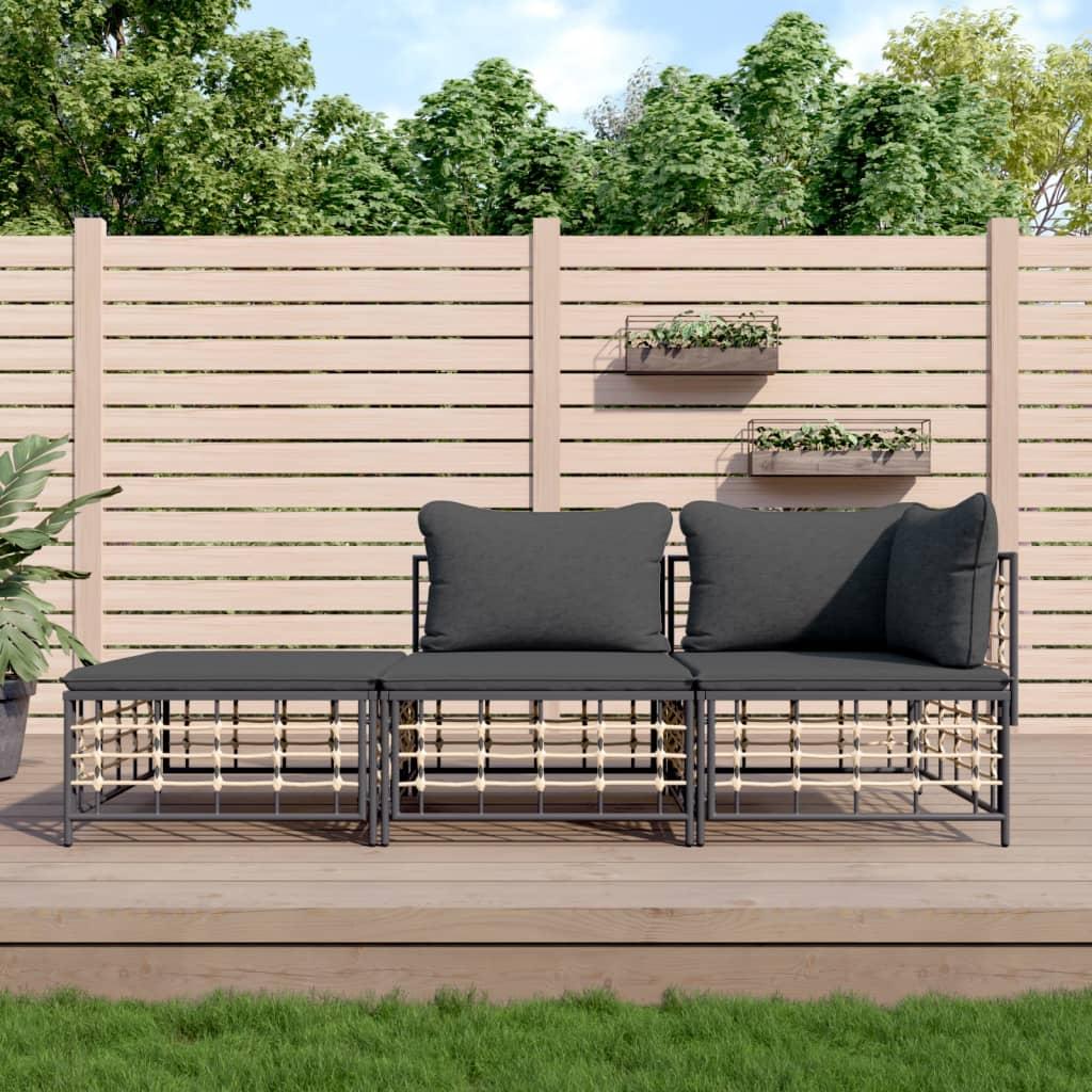Loungesæt til haven 3 dele med hynder polyrattan antracitgrå