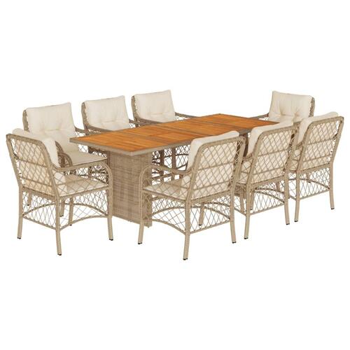 Spisebordssæt til haven 9 dele med hynder polyrattan beige