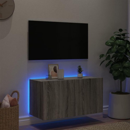 Væghængt tv-bord med LED-lys 80 x 35 x 41 cm - grå sonoma-eg