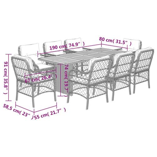 Spisebordssæt til haven 9 dele med hynder polyrattan beige