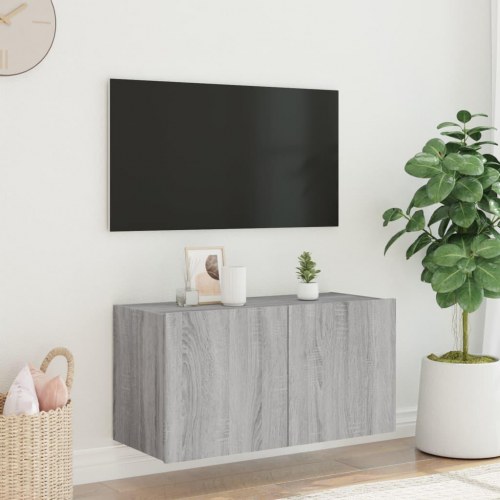 Væghængt tv-bord med LED-lys 80 x 35 x 41 cm - grå sonoma-eg