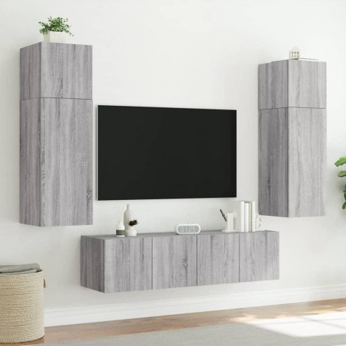 Væghængt tv-bord med LED-lys 80 x 35 x 41 cm - grå sonoma-eg