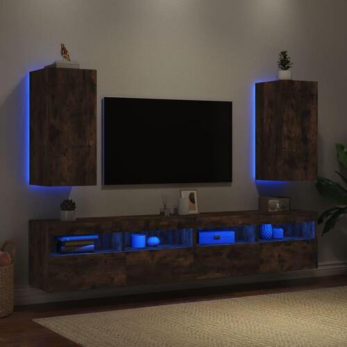 Væghængte tv-borde 2 stk. med LED-lys 30,5x35x70 cm røget eg