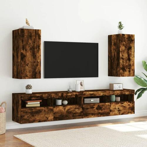 Væghængte tv-borde 2 stk. med LED-lys 30,5x35x70 cm røget eg