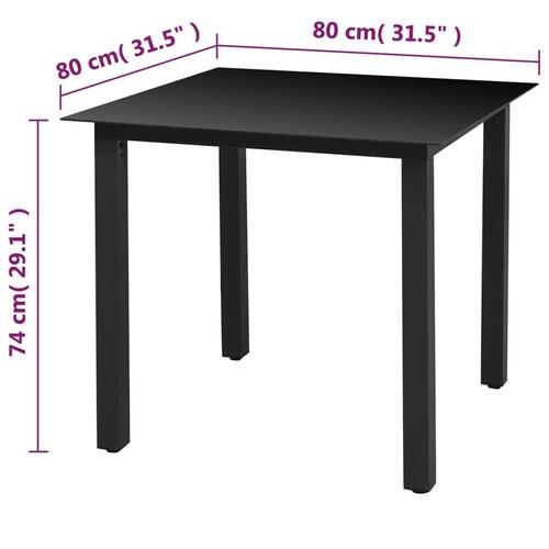 Havebord glas aluminium 80 x 80 x 74 cm sort