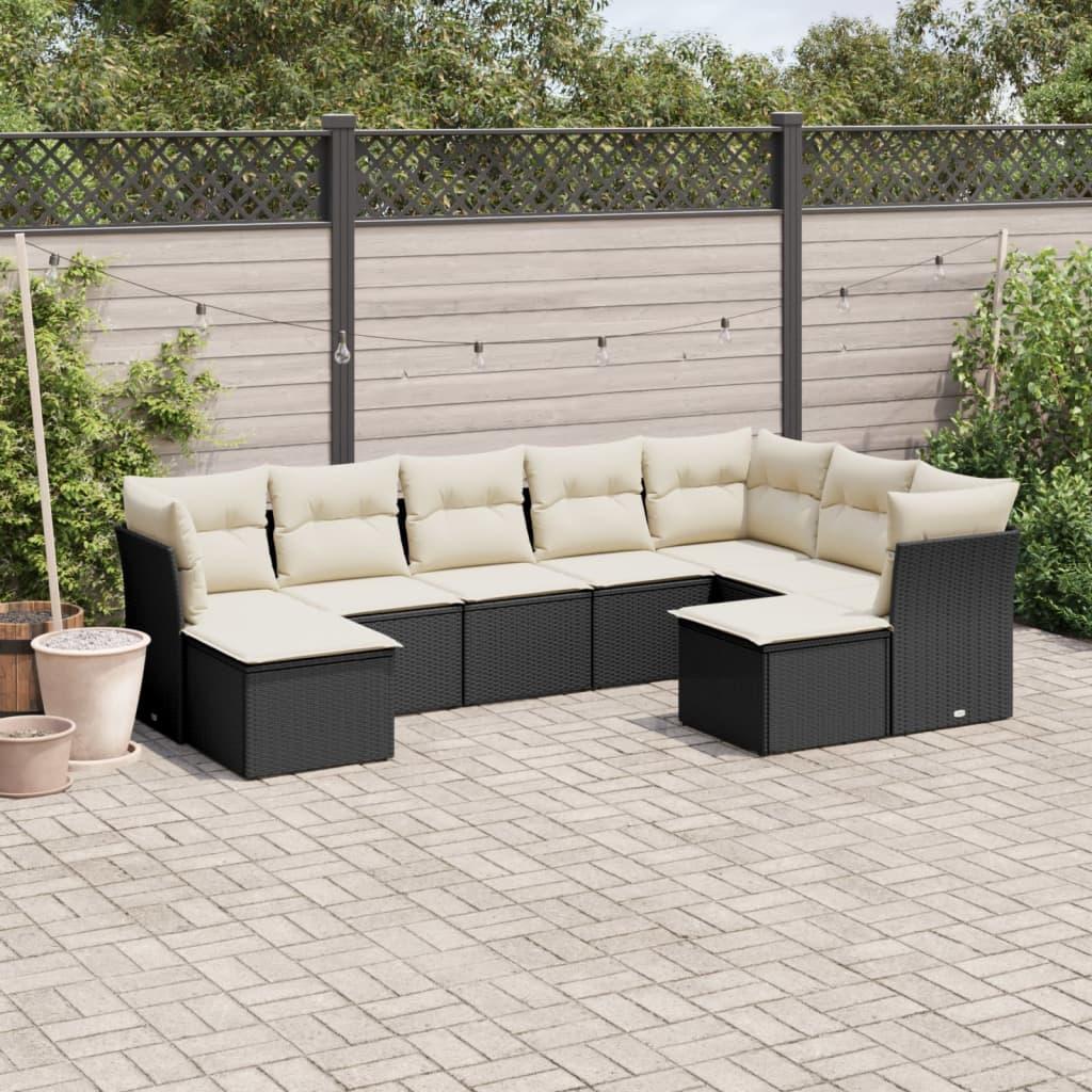Sofasæt til haven i polyrattan - 9 dele med hynder, sort