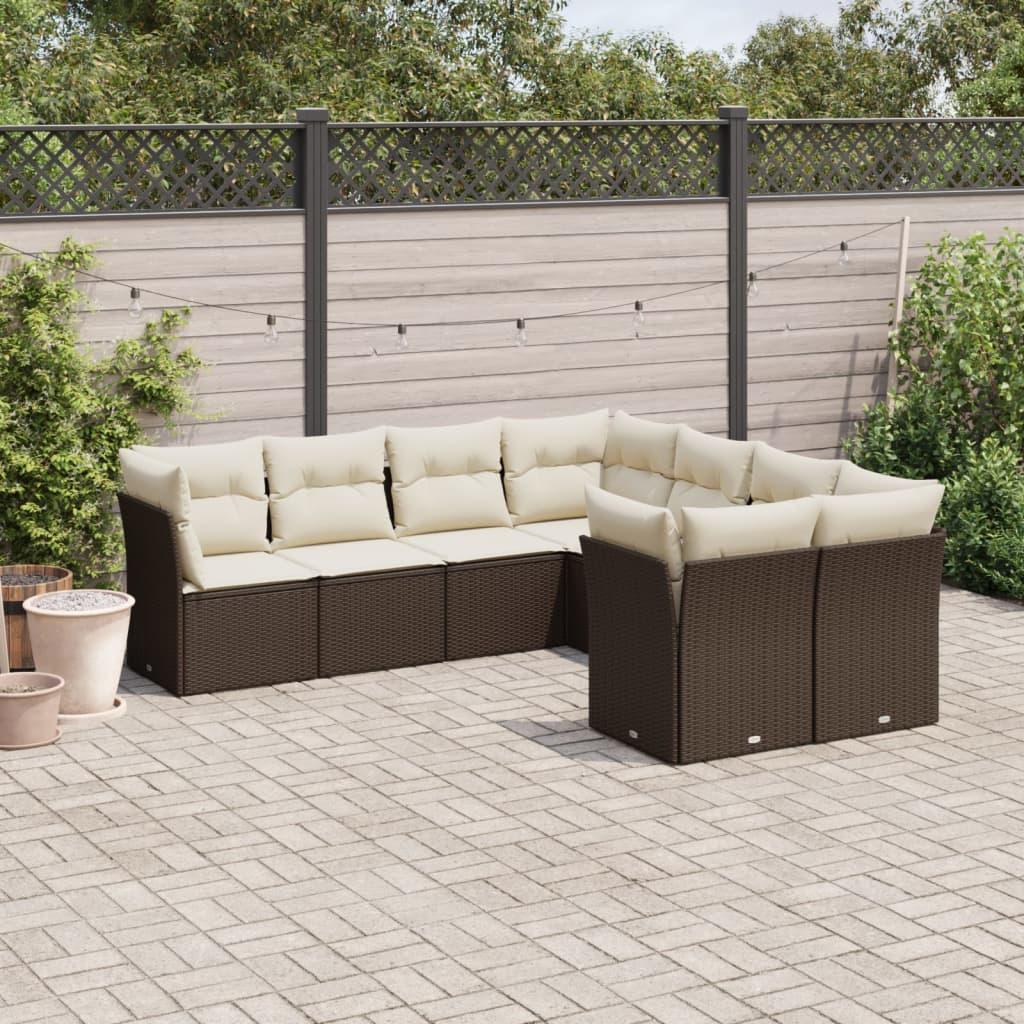 Sofasæt til haven i polyrattan - 8 dele, brun med creme hynder