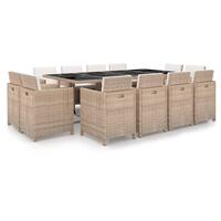 Udendørs spisebordssæt 13 dele med hynder polyrattan beige