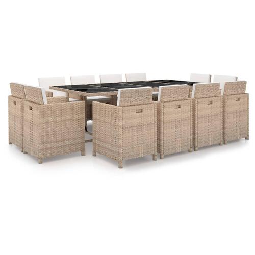 Udendørs spisebordssæt 13 dele med hynder polyrattan beige
