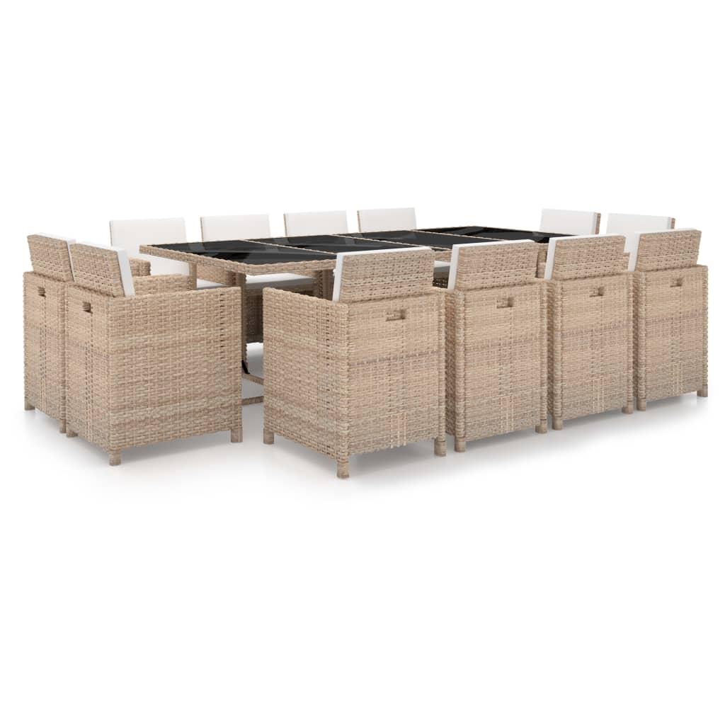 Udendørs spisebordssæt 13 dele med hynder polyrattan beige